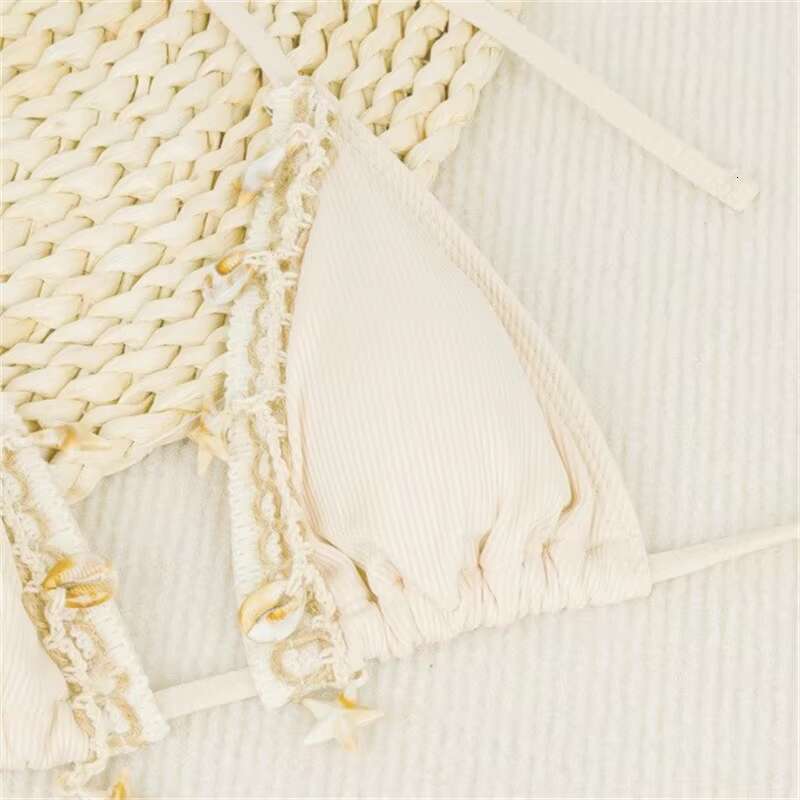 DHEssentials Shell Embellished Lace Bikini Set Sexy 3 Piece Triangle Swimsuit with Split Thong Bottom Beachwear for Women