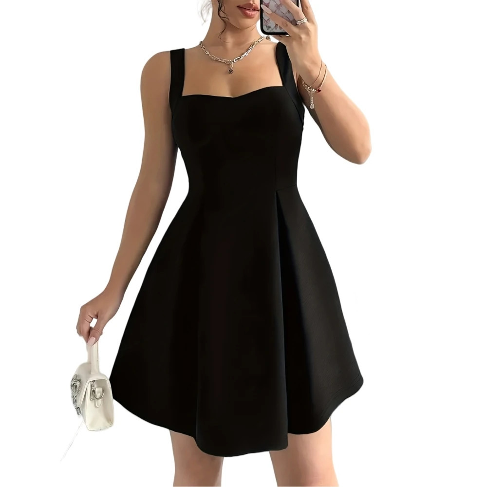 Plus Size Women Elegant Sleeveless Midi Dress Solid Color 100% Polyester Suspender Dress Slim Fit and Flare Evening Gown 250520