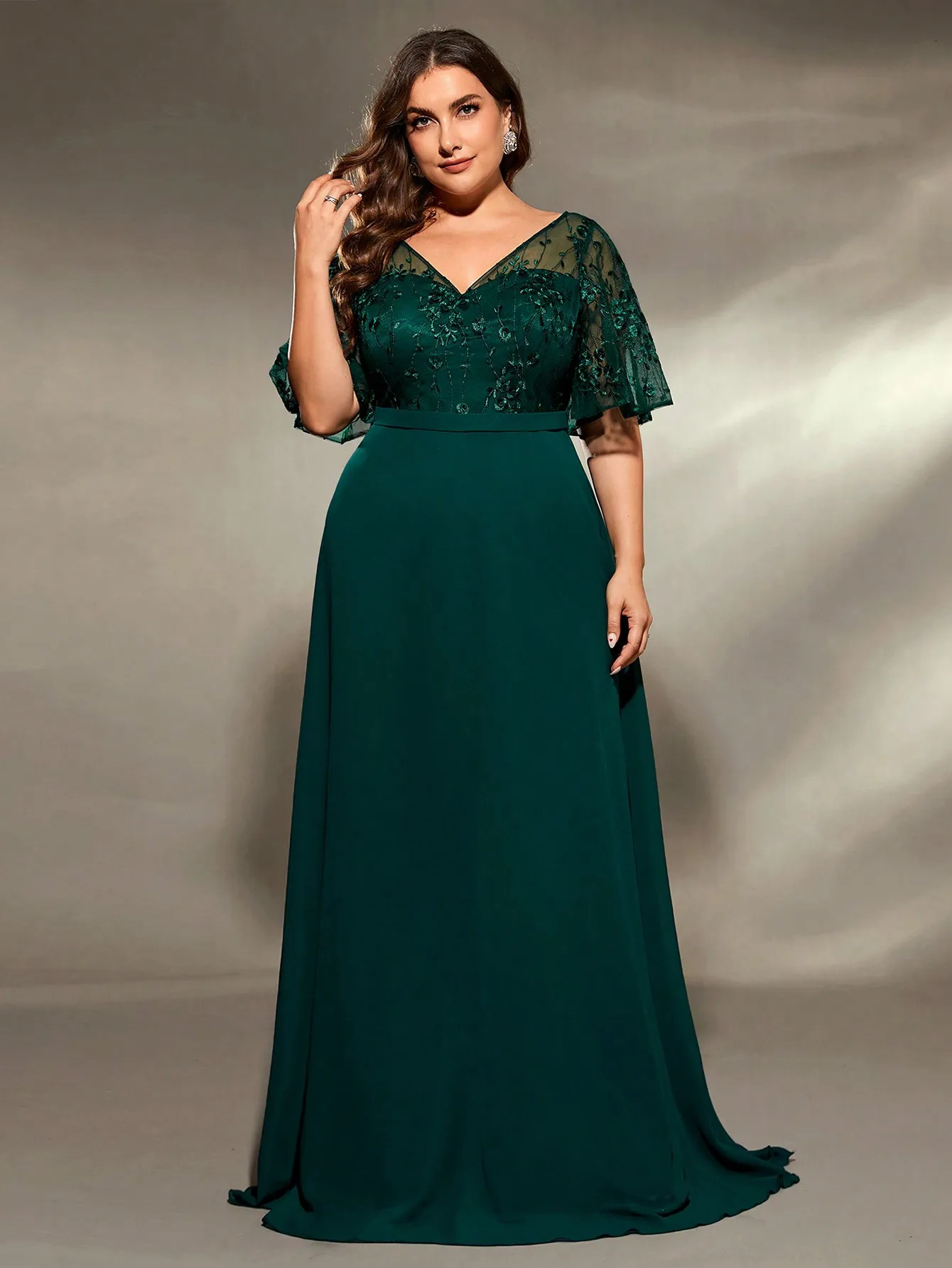 Mgiacy plus size V-neck See-through trumpet sleeve embroidered chiffon full skirt Evening gown Ball dress Party dress 250520