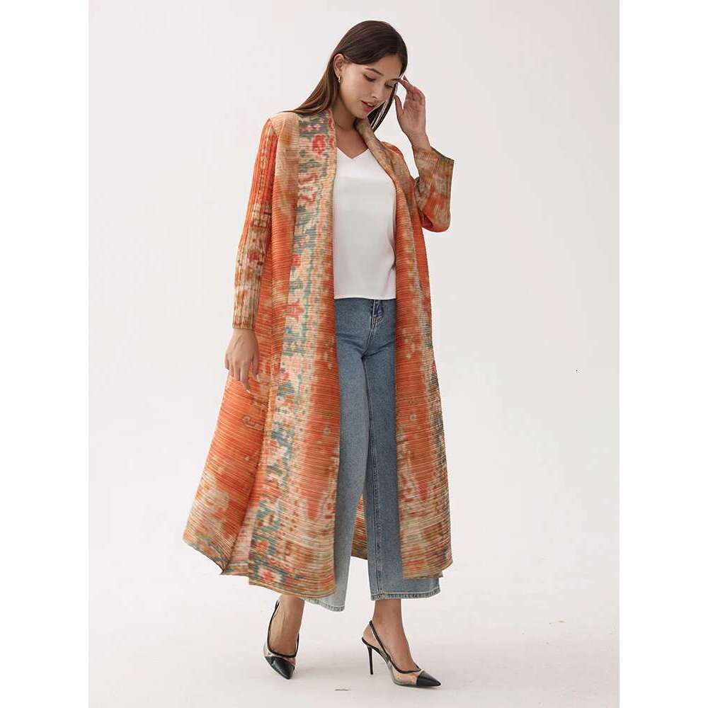 Miyake Pleated Vintage Printed Turn-down Collar Sleeve Long Jacket Women Designer Abaya New Dubai Fashion Plus Size Coats