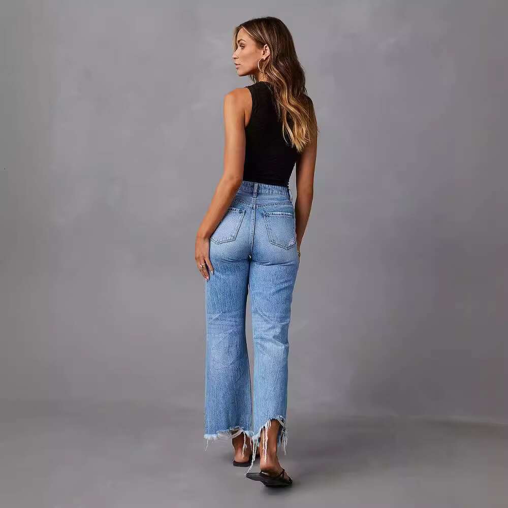 DHEssentials 2025 Women's Wide-leg Tassel Washed Tie-dyed Ripped High Waist Jeans Loose Casual Straight Pants