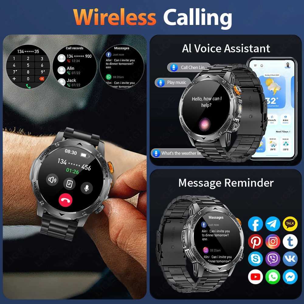 LIGE Military Smart Watch Men 1000mAh Battery Outdoors LED Flashlight Waterproof Rate Sport BT Call 17 AMOLED Smartwatch C251203