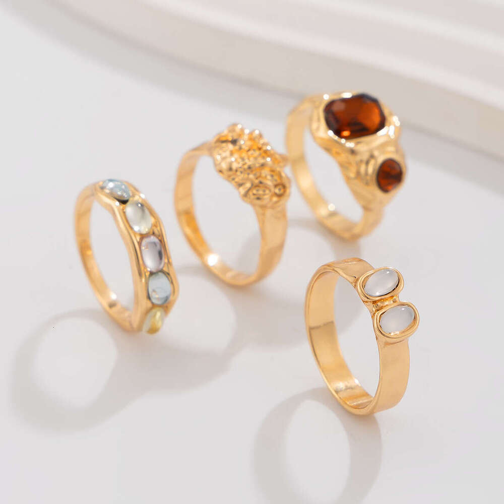 European and American New Women's Trendy Retro Set: Street Style Geometric Hollow Rhinestone Inlaid Ring Combinations