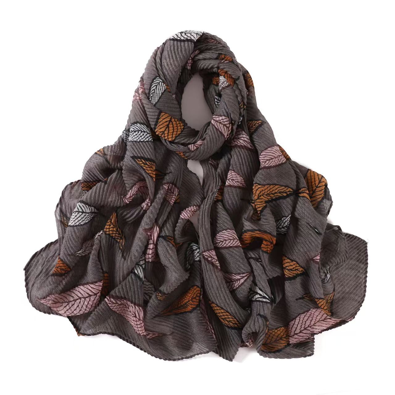 T771 Fashion Colorful Leaf Crumpled Printed Long Scarf Pleated Cotton and Linen Scarf Shawl Dual-purpose Cotton Neck