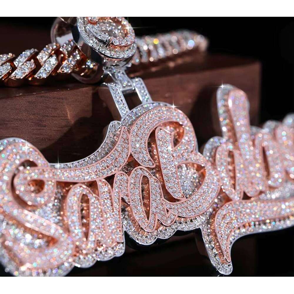 9K- Gold Men's CVD Dia Pendant Set Hand-Set Baguette & Bow Lab-Grown Pendants Solid Letter Chain