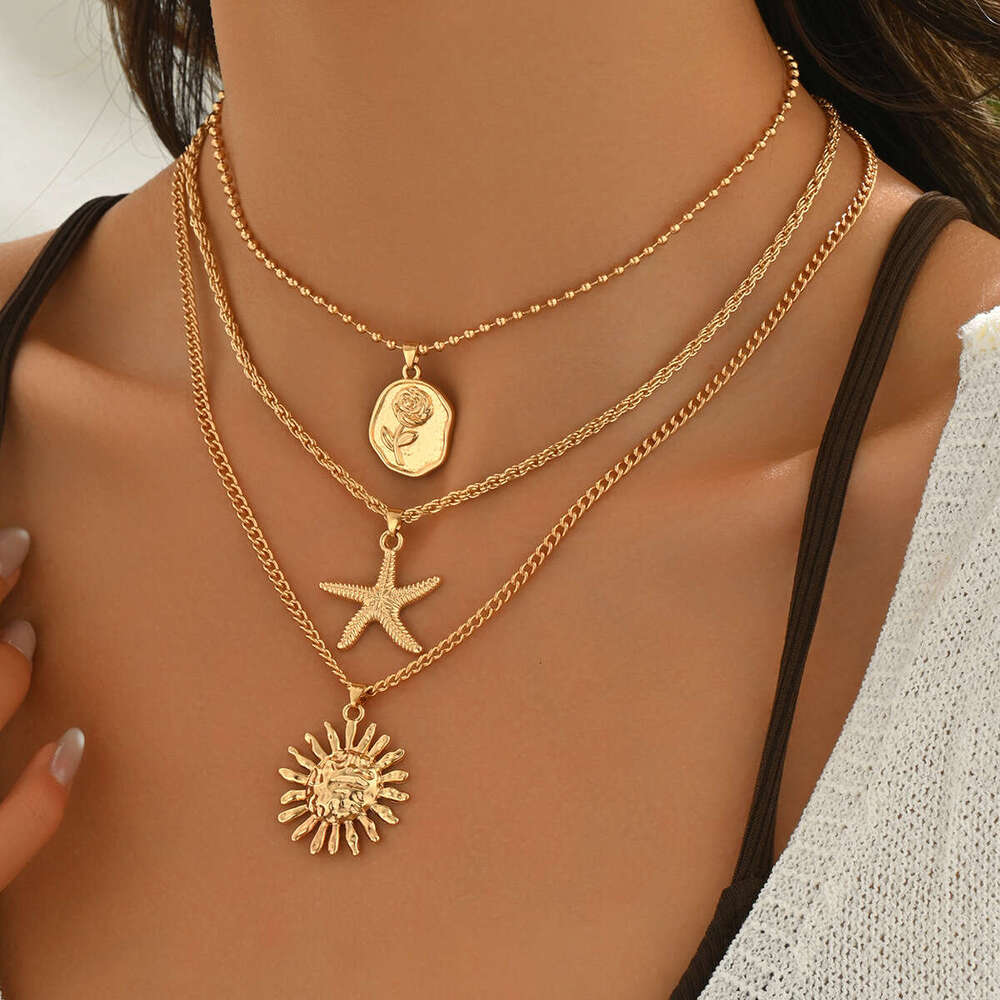 Jewelry - Rose Flower Starfish Sun Zinc Alloy Pendant Necklace, Minimalist Versatile Cuban Chain Necklace for Women