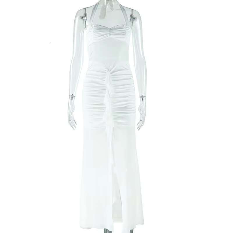 DHEssentials Solid White Dress - Sexy Backless Collar Sleeveless Mesh Women's Shirt & Beachwear