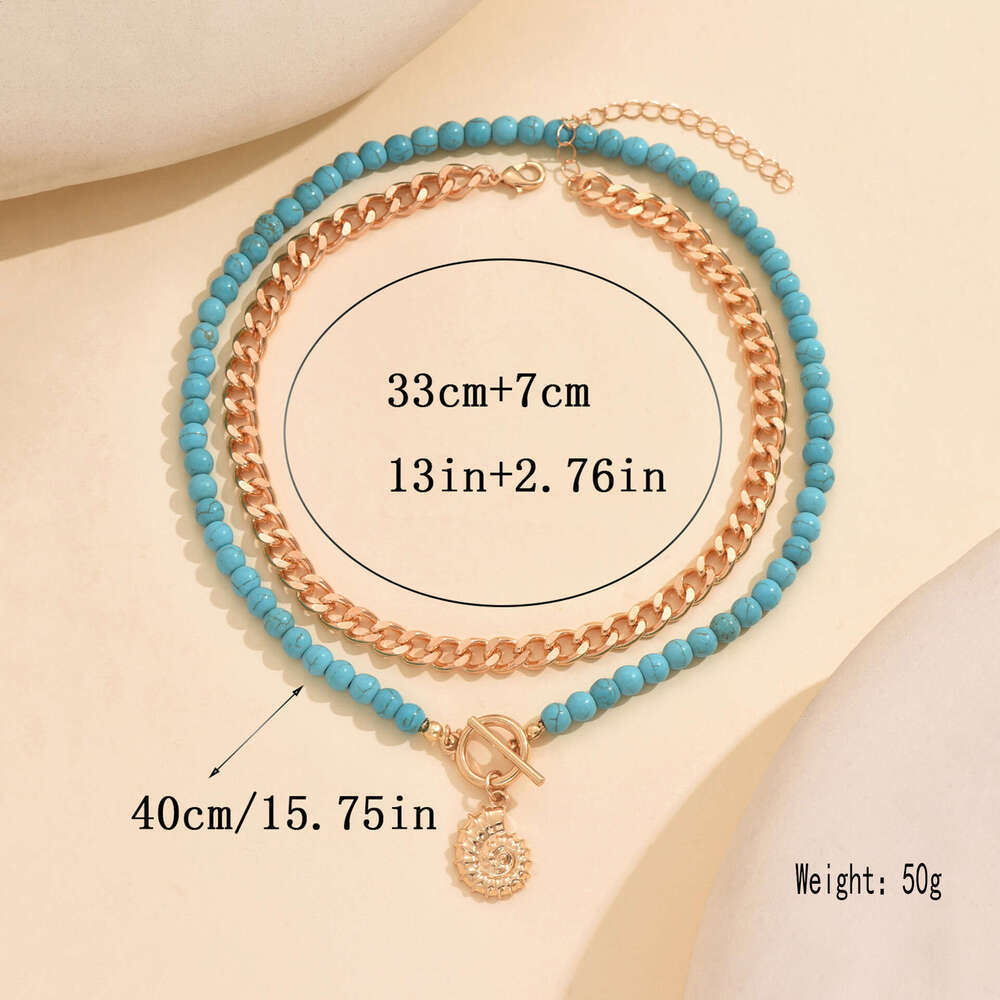 Fashion Jewelry - Beaded Green Turquoise Seashell Pendant Necklace, Ocean-Style Collar Necklace for Women