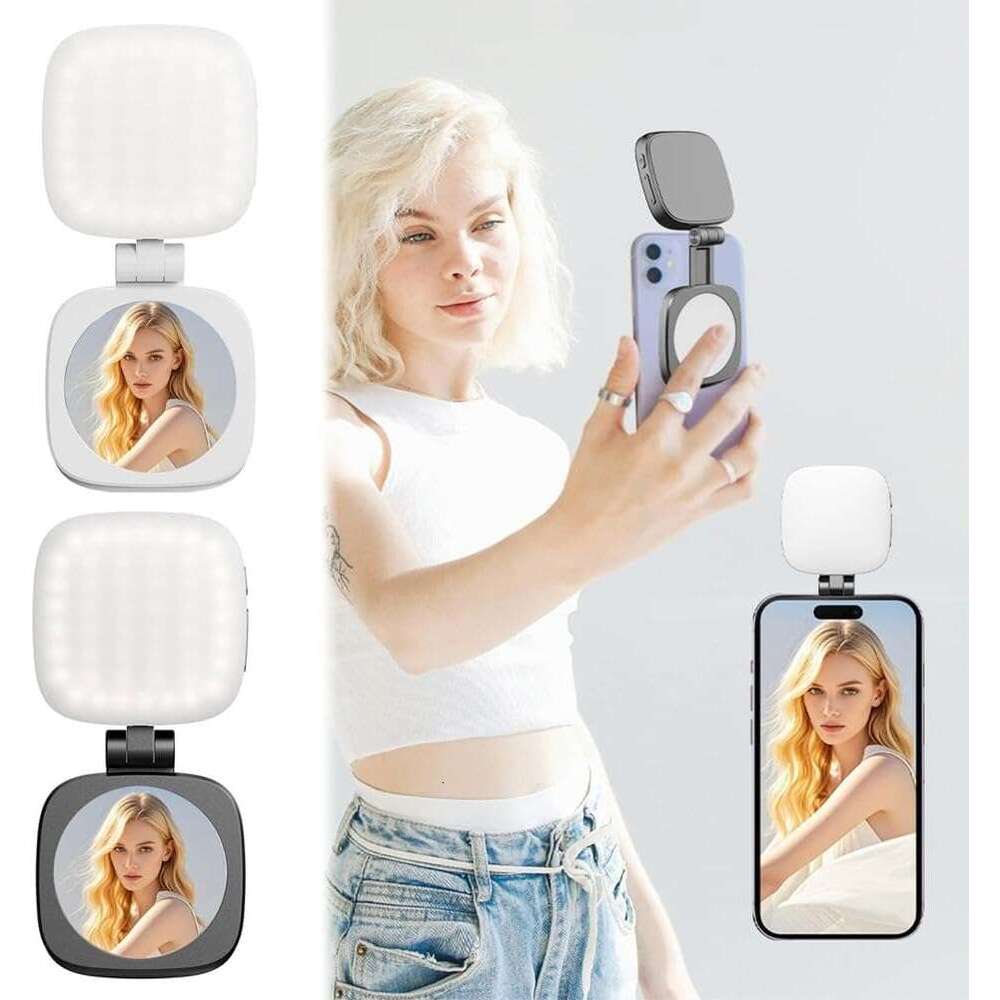 Magnetic Selfie Light, 48 LEDs Portable with a Mirror, Folding LED Phone Fill Ring, 3 Modes Camera Light for Selfies Makeup Photography Recording