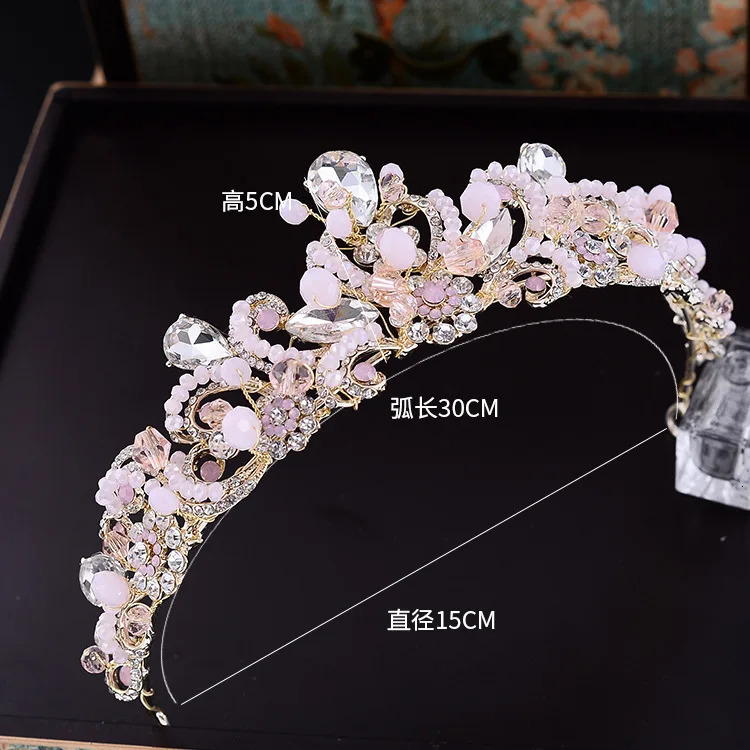 Baroque handmade pink crystal beads bridal tiaras crown vintage wedding hair accessories rhinestone crowns pageant prom diadem 250522