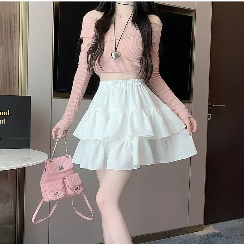 Korean Chic Y2K Sweet Girls White Princess Mini Skirt Balletstyle Tiered Elastic High Waist Cake Shorts Allmatch 250513Z