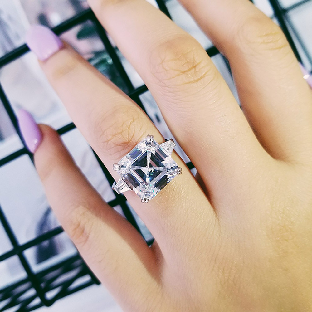 Real Sparkling Luxury Jewelry 925 Sterling Silver Princess Cut Big White Topaz Square CZ Diamond Gemstones Eternity Women Wedding Band Ring