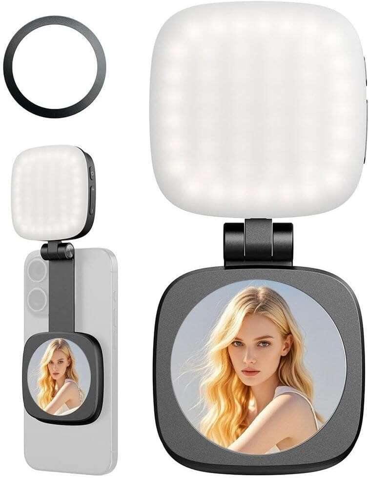 Magnetic Selfie Light, 48 LEDs Portable with a Mirror, Folding LED Phone Fill Ring, 3 Modes Camera Light for Selfies Makeup Photography Recording