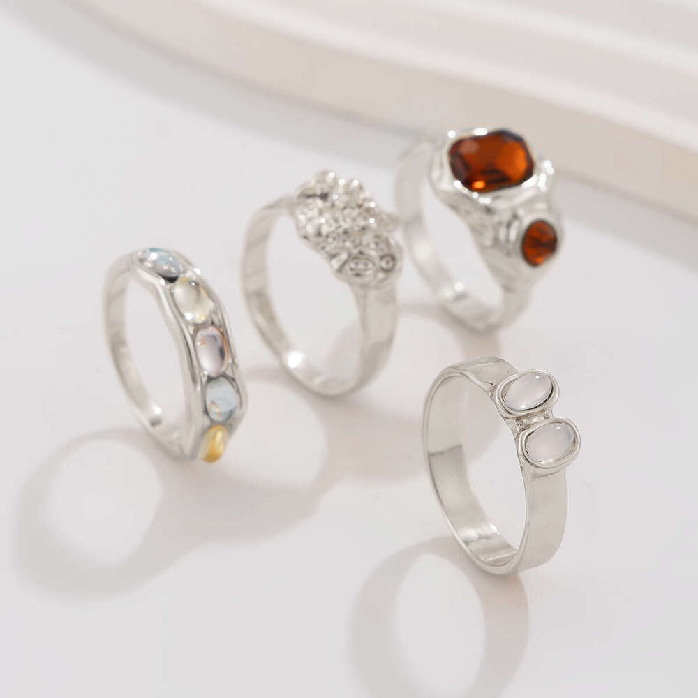 European and American New Women's Trendy Retro Set: Street Style Geometric Hollow Rhinestone Inlaid Ring Combinations