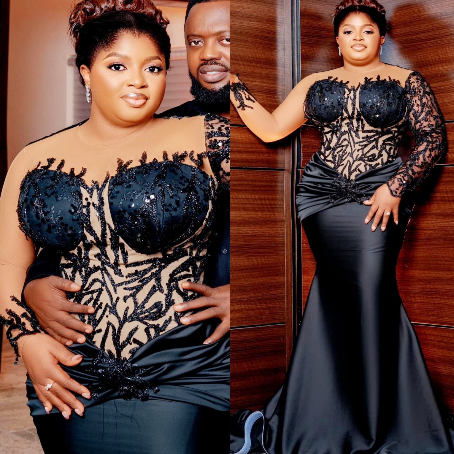 Mermaid Black Plus Size Prom Dresses 2025 Lace Satin Illusion Full Sleeves Evening Formal Party Second Birthday Engagement Gowns Dress For Special Occ