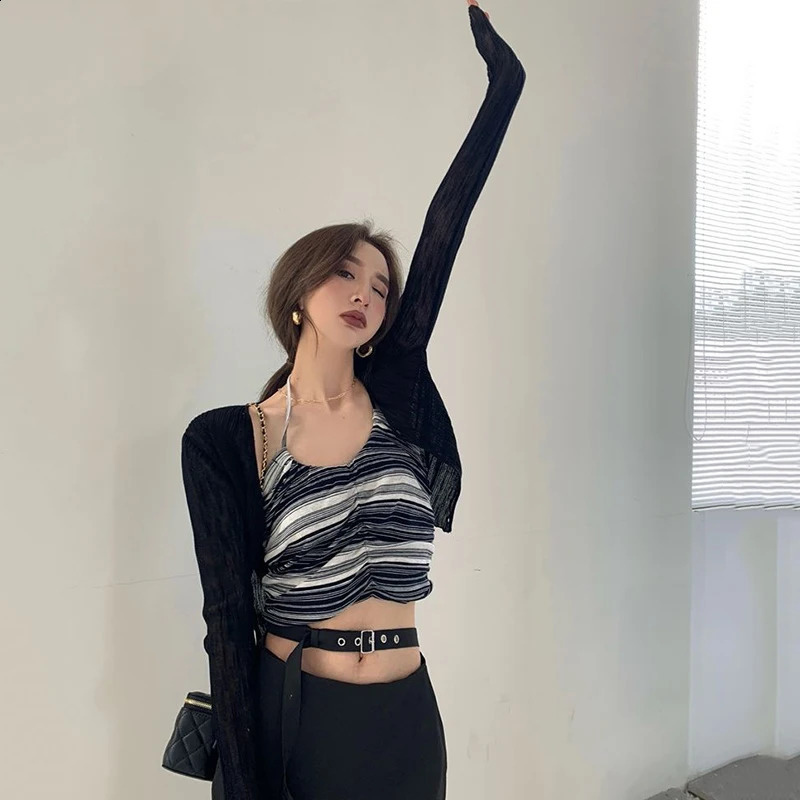 Rimocy Summer V Neck Cardigan Women Casual Transparent Sweater Shirts Woman Simple Thin Solid Color Outwear Female Crop Top 250516