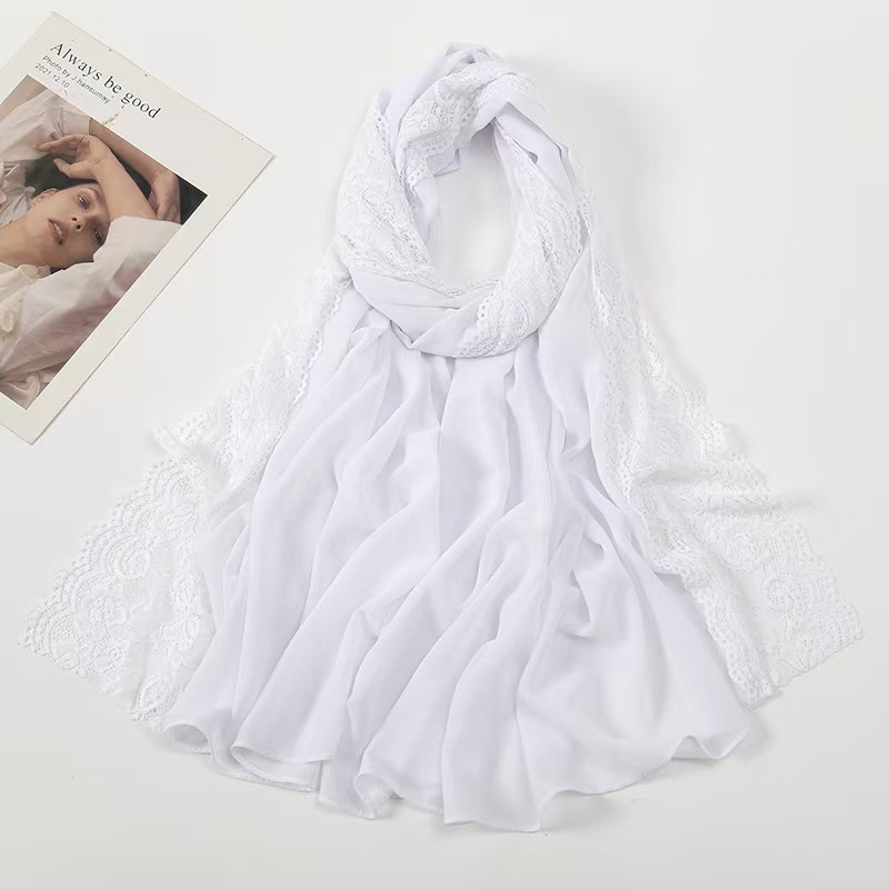 T777 new pearl chiffon bubble scarf lace Malay Indonesian ladies long scarf solid color simple all-match headscarf