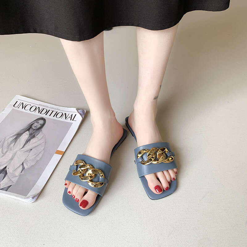 Korean Style Metal Buckle Flat Slippers For Spring 2025 Designer Sandals New Outdoor Beach Shoes, Casual Plus Size Women's Slippers