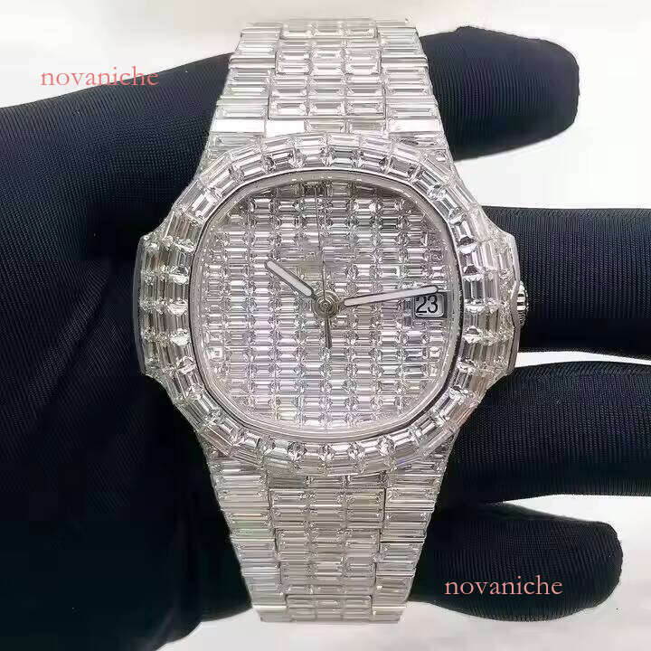 Fully chilled gold-plated baguette cut CVD laboratory men's watch, luxurious hip-hop style birthday gift wristwatch