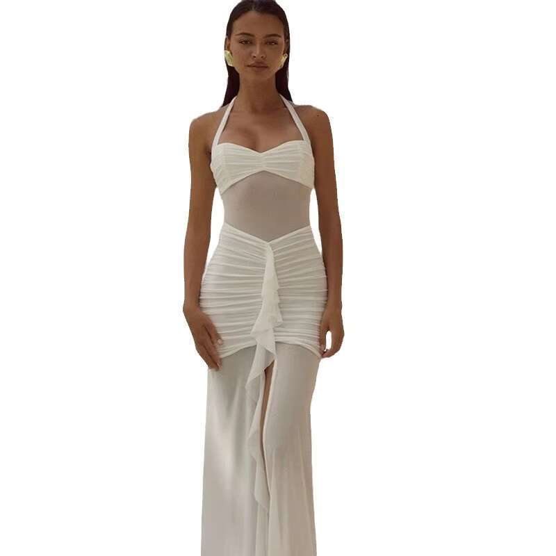 DHEssentials Solid White Dress - Sexy Backless Collar Sleeveless Mesh Women's Shirt & Beachwear