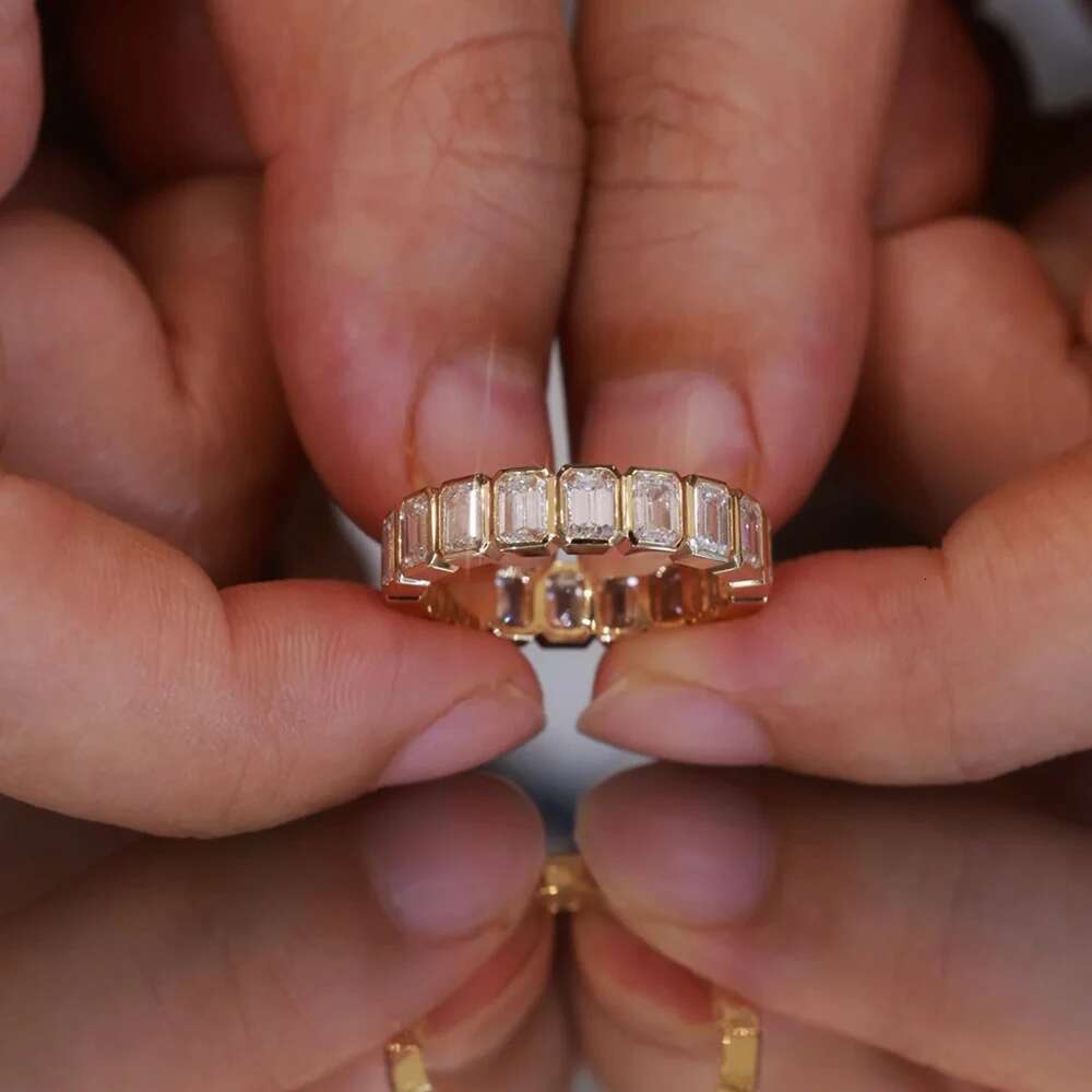 BXINY 3*4mm Emerald Cut Moissanite Rings S925 Silver D Color Lab Diamond for Women Men Full Eternity Band Gifts Fine Jewelry GRA