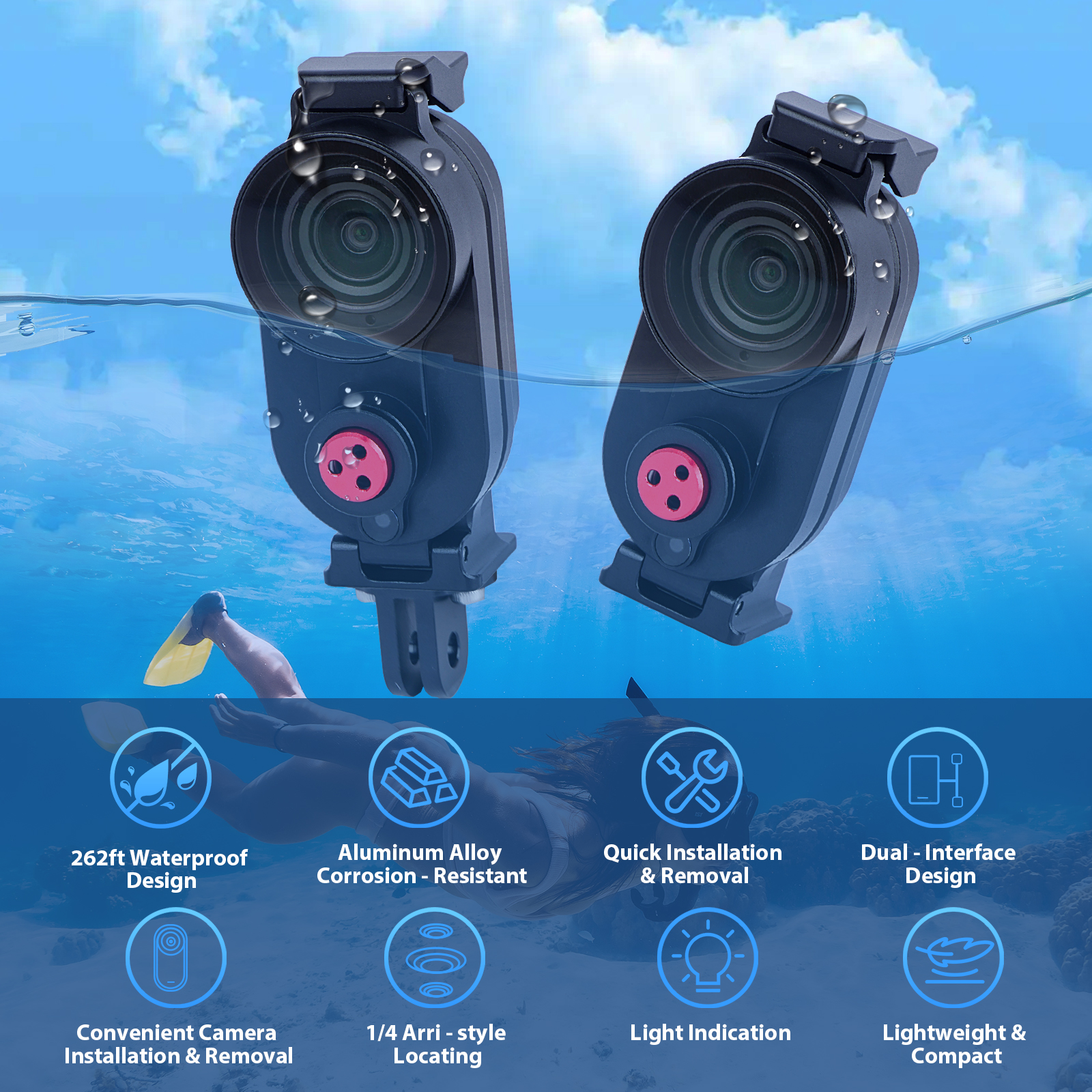 Aluminum Waterproof Case forGo3 Go3s 80M Deep Waterproof Camera Housing with Dual Interface for Insta360 Go3 Go3s, 63091
