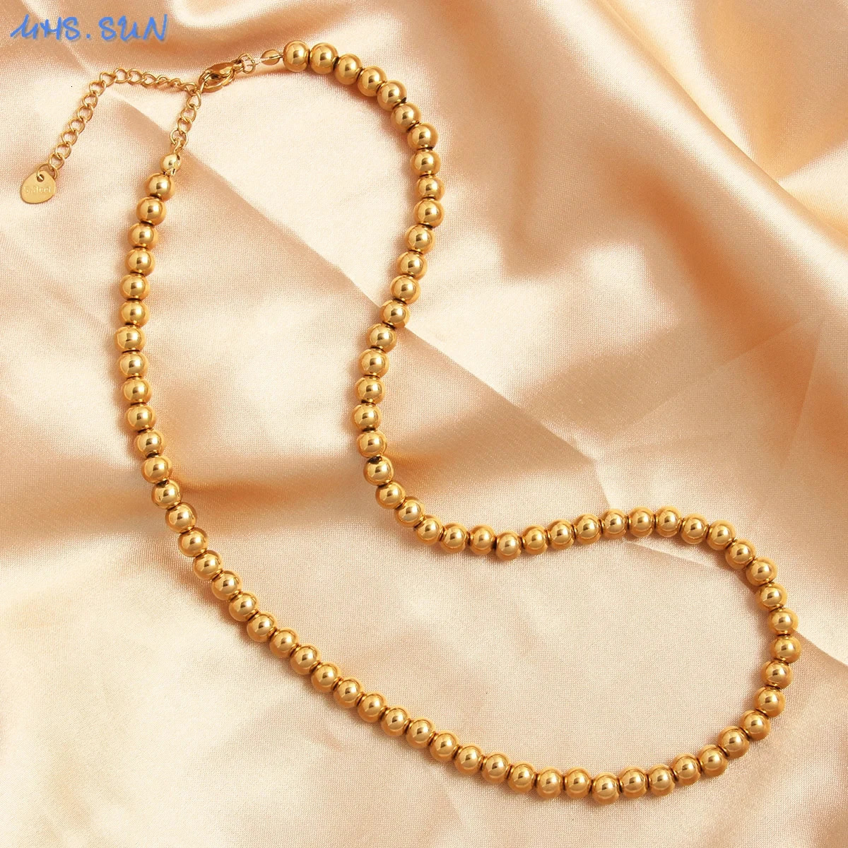 MHS.SUN Fashion Stainless Steel Gold Color Ball Beaded Pearl Necklace 4/6/8/10MM Metal Beads Adjustable Jewelry for Women Men 250522