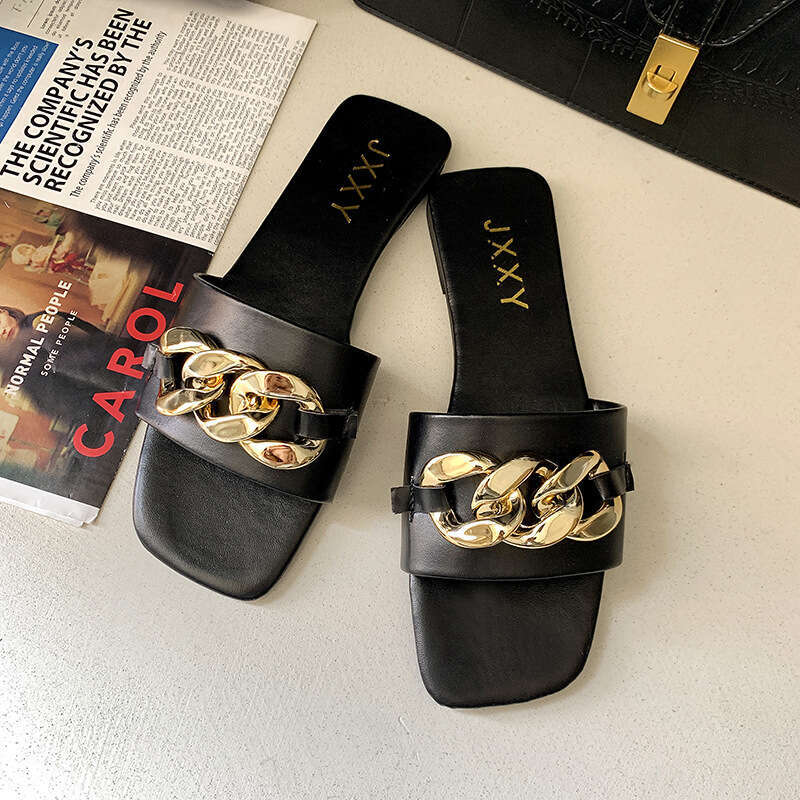 Korean Style Metal Buckle Flat Slippers For Spring 2025 Designer Sandals New Outdoor Beach Shoes, Casual Plus Size Women's Slippers