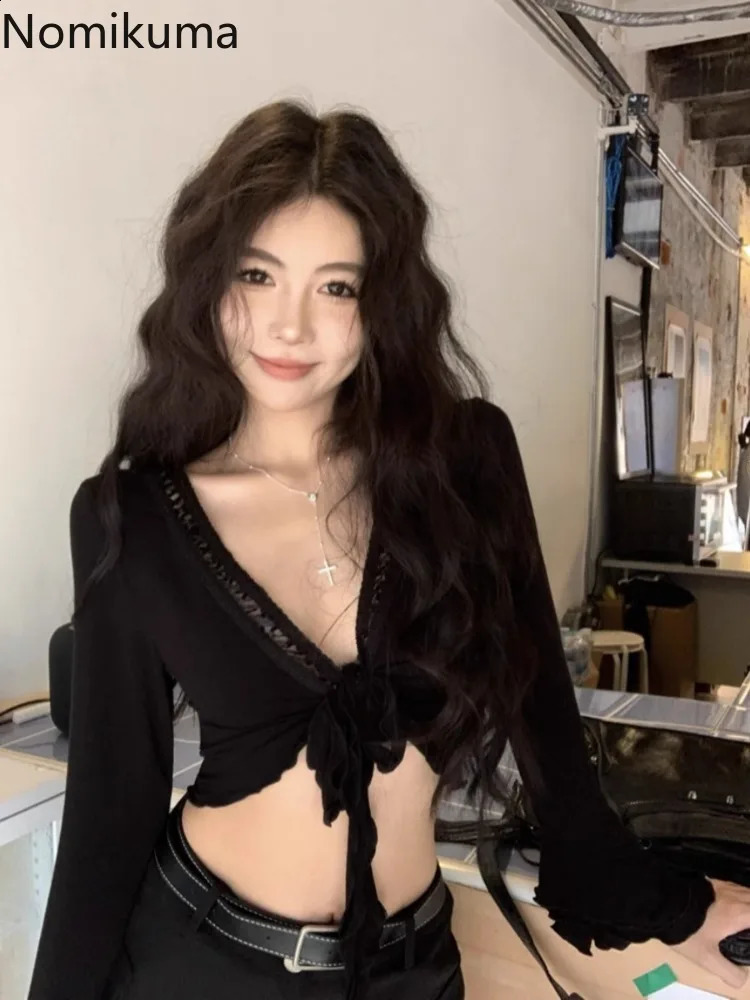 Deep V-neck Flare Sleeve Blouse Womens Clothing Bandage Tunic Sexy Crop Tops Camisas De Mujer Fashion Sweet Summer Shirts 250516