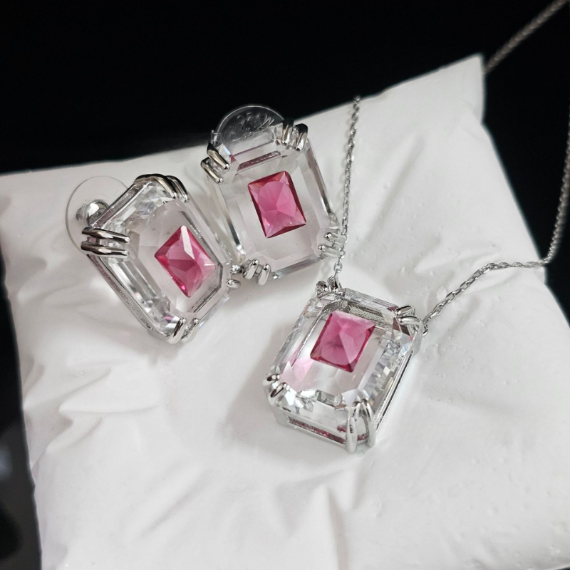 Luxury rectangle geometry pink crystal designer earrings necklace for women charm elegant womens girls bling diamond big stone earring ear rings necklaces jewelry