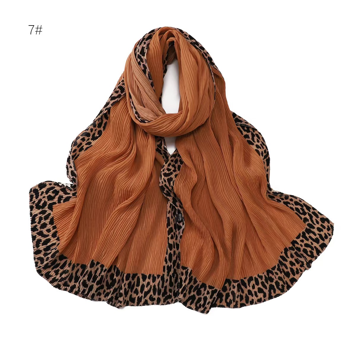 T772 autumn and winter solid color leopard print edge wrinkled cotton and linen long scarf soft breathable pleated headscarf scarf shawl