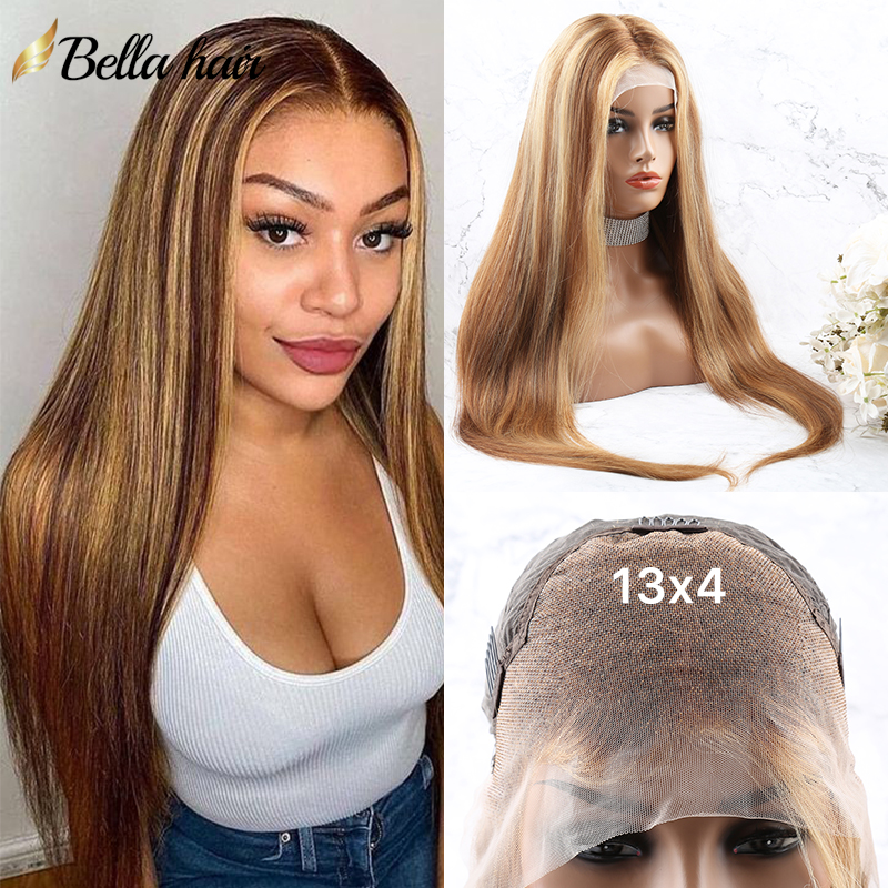 Lace Front Wig Human Hair 200% Density Piano Color Wigs 4/27 Honey Blonde 13x4 Highlight Blunt Straight Pre Plucked Bleached Knots Transparent Lace Fr