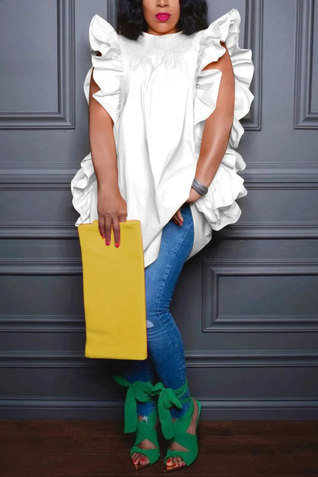 Plus Size 2024 Fashion Fly Sleeveless Women Blouses Vintage Ruffled Party Shirts Casual Summer Round Neck Elegant Blusas 250521