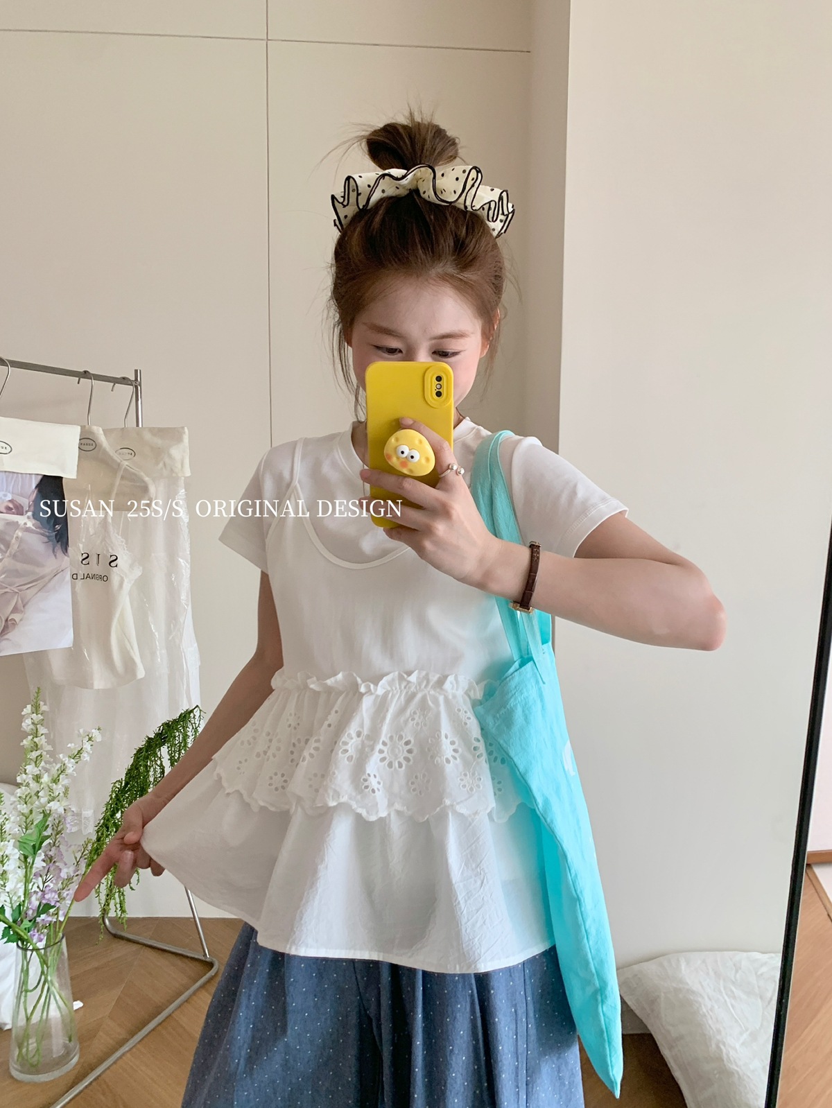 LW230 Summer Korean hollow lace stitching camisole short-sleeved T-shirt top