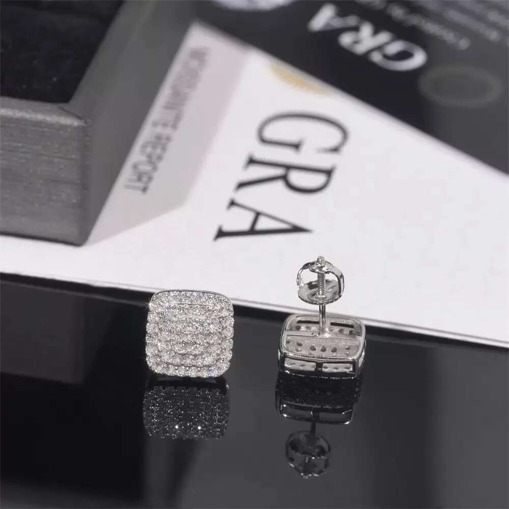 10mm Iced Out Moissanite Square Cluster Stud Earrings Screw Back 925 Sterling Silver Lab Diamond Halo Earrings Men Hiphop Rock