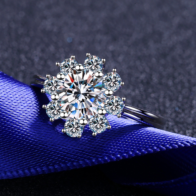 S925 Sterling Silver Moissanite Sunflower Engagement Ring for Women, 8-Claw Design with Simple Elegant Style, Ideal for Proposals or Valentine's 