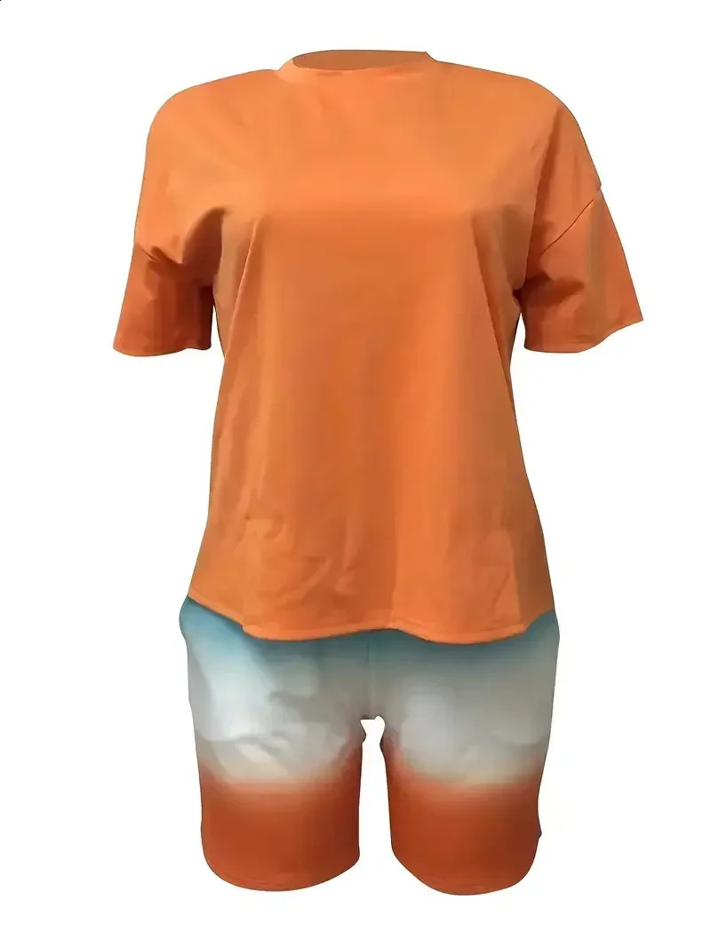 Plus Size 1XL5XL Women Summer Colorful Tie Dye Print Set Casual Short Sleeve Round Neck TShirt Shorts Loungewear 250516Z
