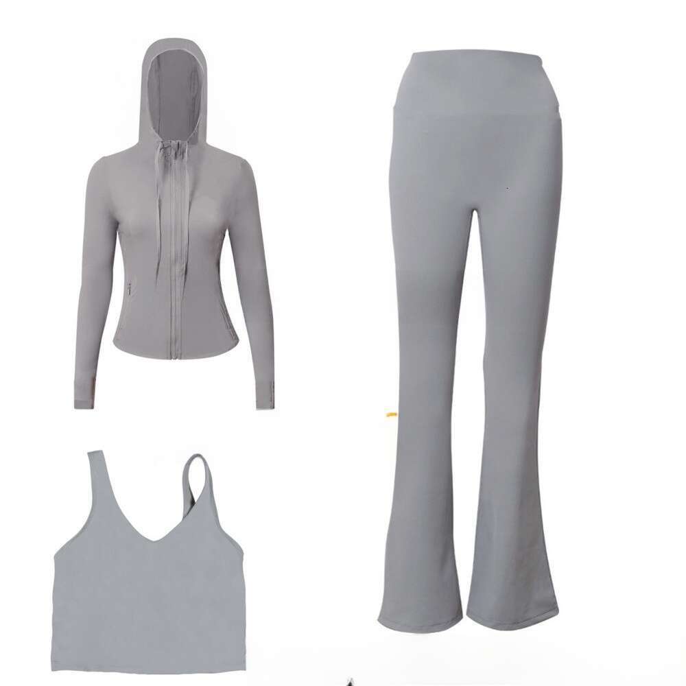 Designer Women Yoga Clothes 3 Piece with Long Sleeve Hooded Jacket Crop Top Vest and Bell Bottom Leggings Pants Comfortable Stretchy Gym Set Pilates A