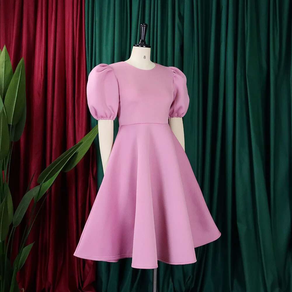 Elegant Dresses For Woman 2024 O Neck Short Sleeve High Waisted Pleated Mid Calf Female Birthday Party Dinner Vestidos