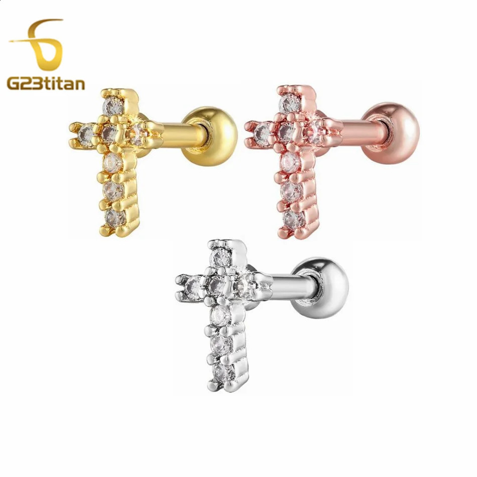 G23titan 1pc Shiny Zircon Gold Silver Color Studs Ear For Women Geometric Cross Earrings Cartilage Tragus Piercing Ear Jewelry 250521