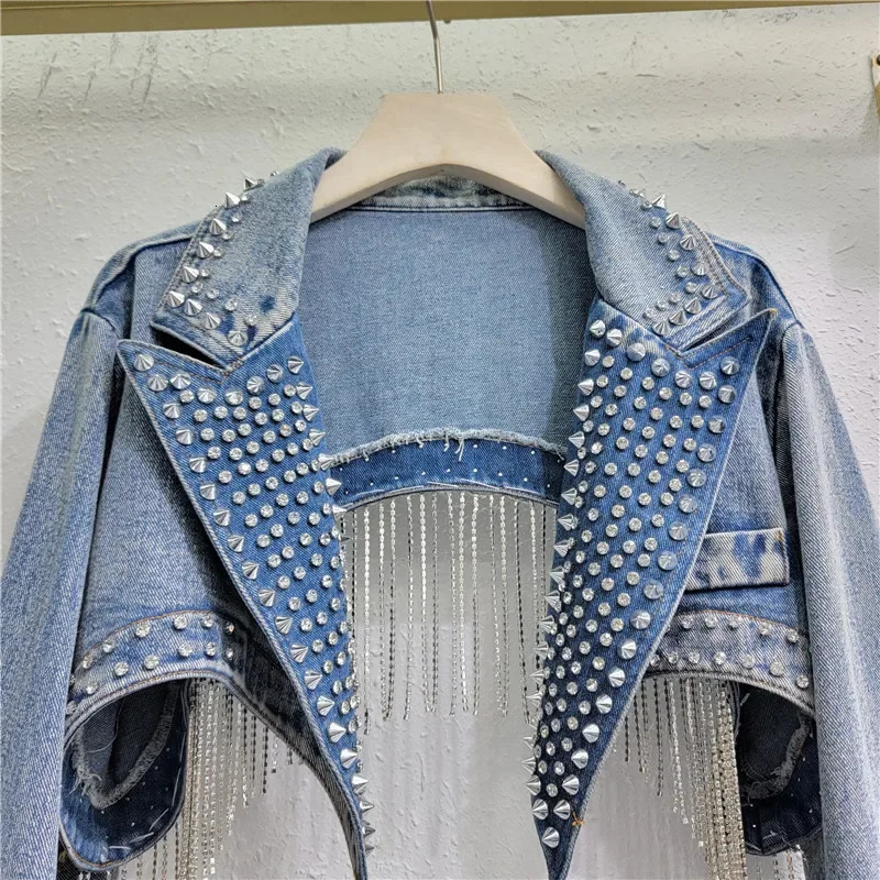 Rhinestone Beaded Tassels Rivets Denim Jacket Short Crystal Fringed Backless Jeans Coat Diamonds Cowboy Cardigan Sequins Tops 250522