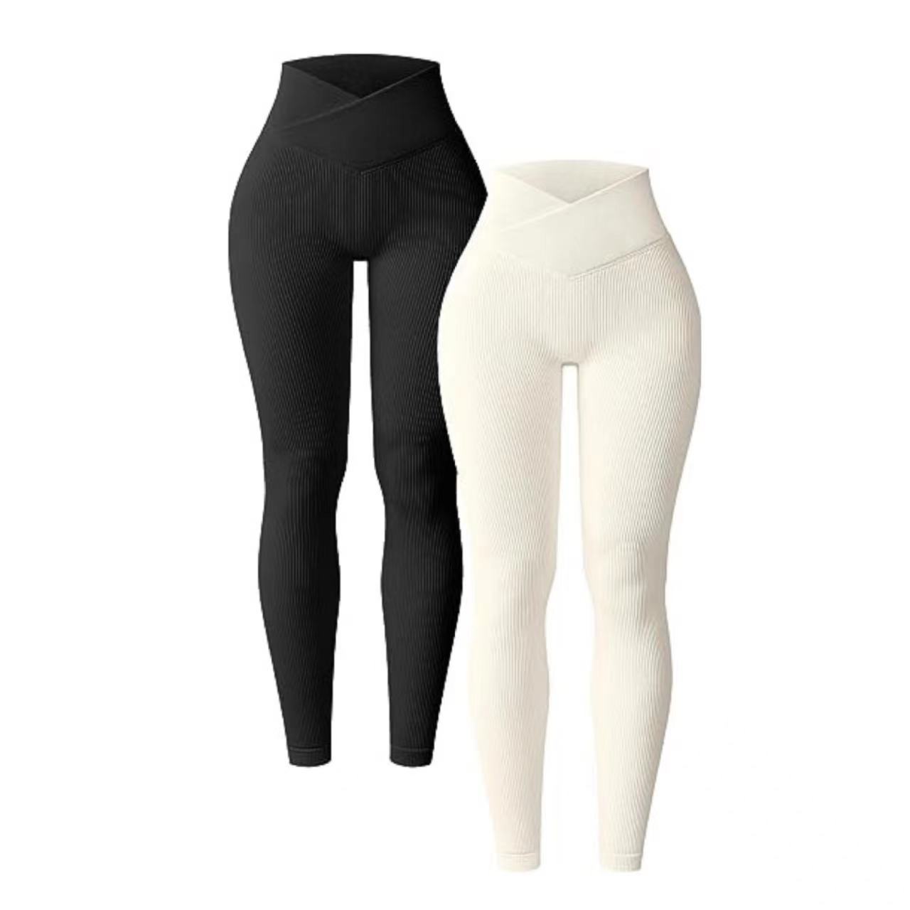 2025 Yoga Tights Ribbed High Waist Crossover Exercise Leggings Casual Pants