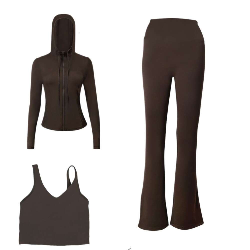 Designer Women Yoga Clothes 3 Piece with Long Sleeve Hooded Jacket Crop Top Vest and Bell Bottom Leggings Pants Comfortable Stretchy Gym Set Pilates A