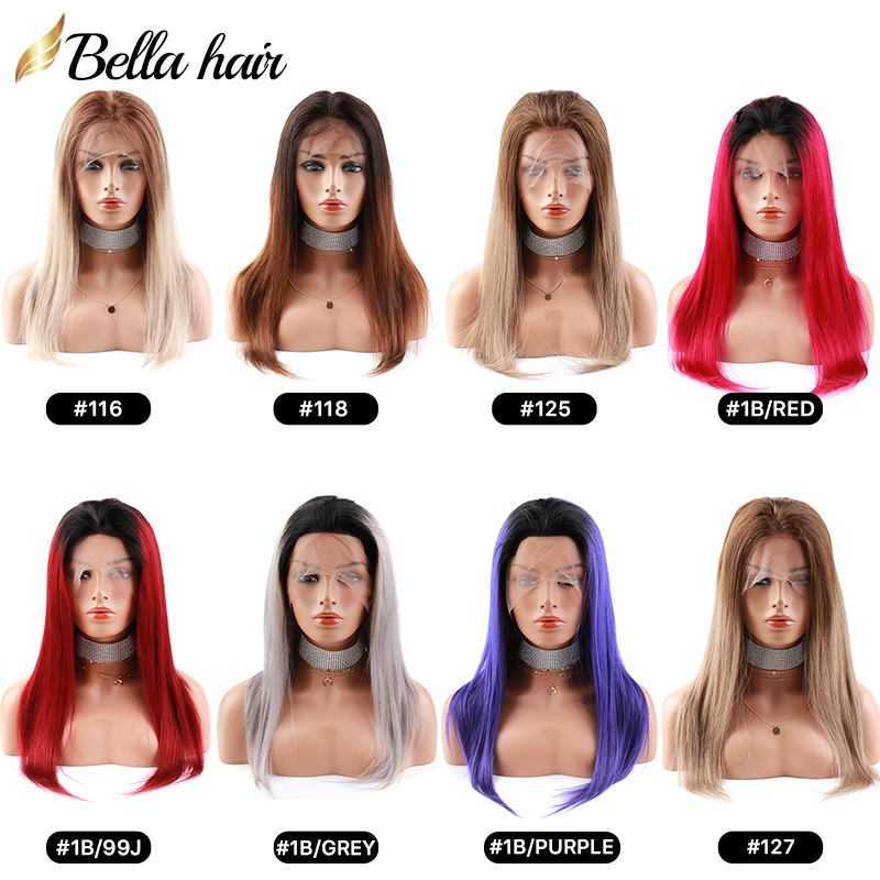 Full Lace Wigs Human Hair Colored Wig With Dark Root 1b Pink 99J Purple Burgundy Wine Red Grey Silky Straight Transparent Wigs 12-24 inch Bella Hair L