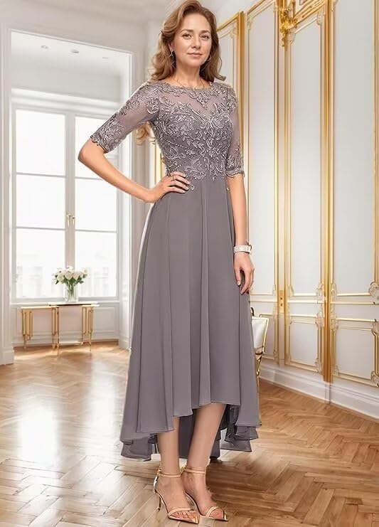 Lace Appliques Mother of The Bride Dresses for Wedding 3/4 Sleeve Tea Length Beaded Formal Evening Prom Dress