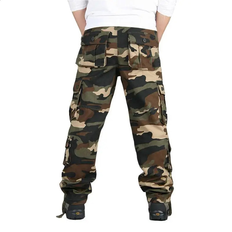 Mens Tactical Camouflage Overalls High-Quality Cotton Multi-Pocket Trousers Sports Training Casual Work Pants 250516
