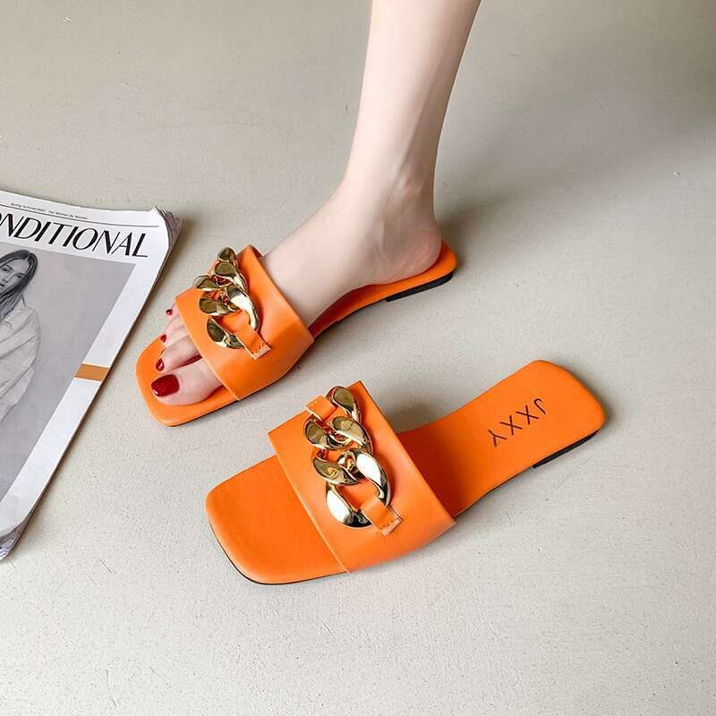 Korean Style Metal Buckle Flat Slippers For Spring 2025 Designer Sandals New Outdoor Beach Shoes, Casual Plus Size Women's Slippers