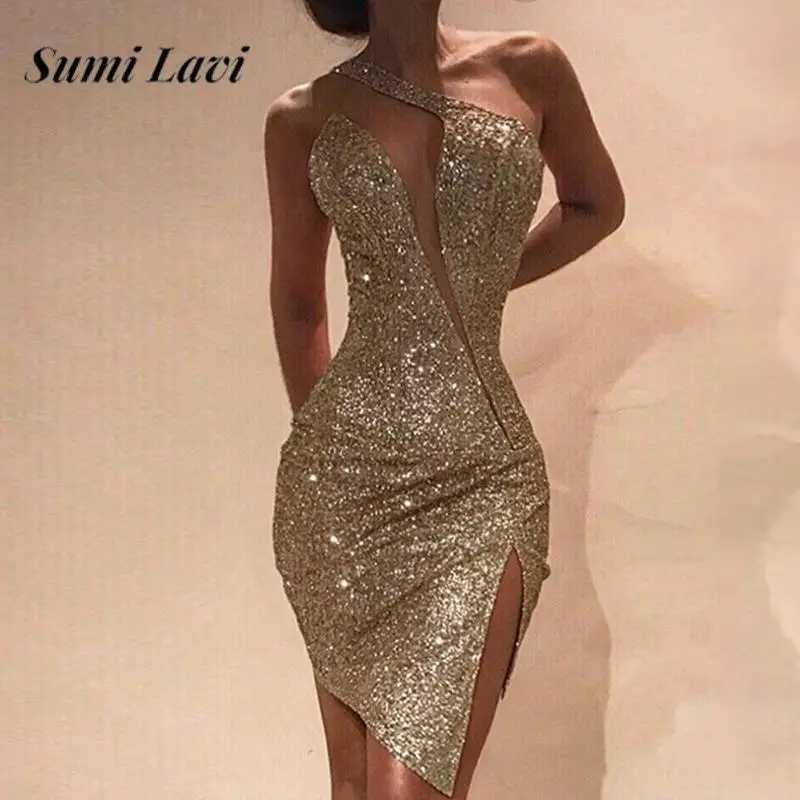 Elegant Ladies Sleeveless Irregular Designer Dress Sexy Slant Neck Sequin Hip Wrap Dress Fashion One Shoulder Slim Split Dresses M250522
