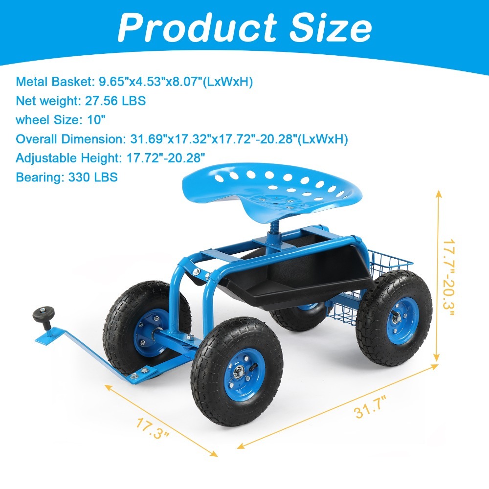 Rolling Garden Work Seat with Wheels, Gardening Stool for Planting, Garden Scooter with 360 Degree Swivel Seat , Steering Handle , Tool Tray, Blue