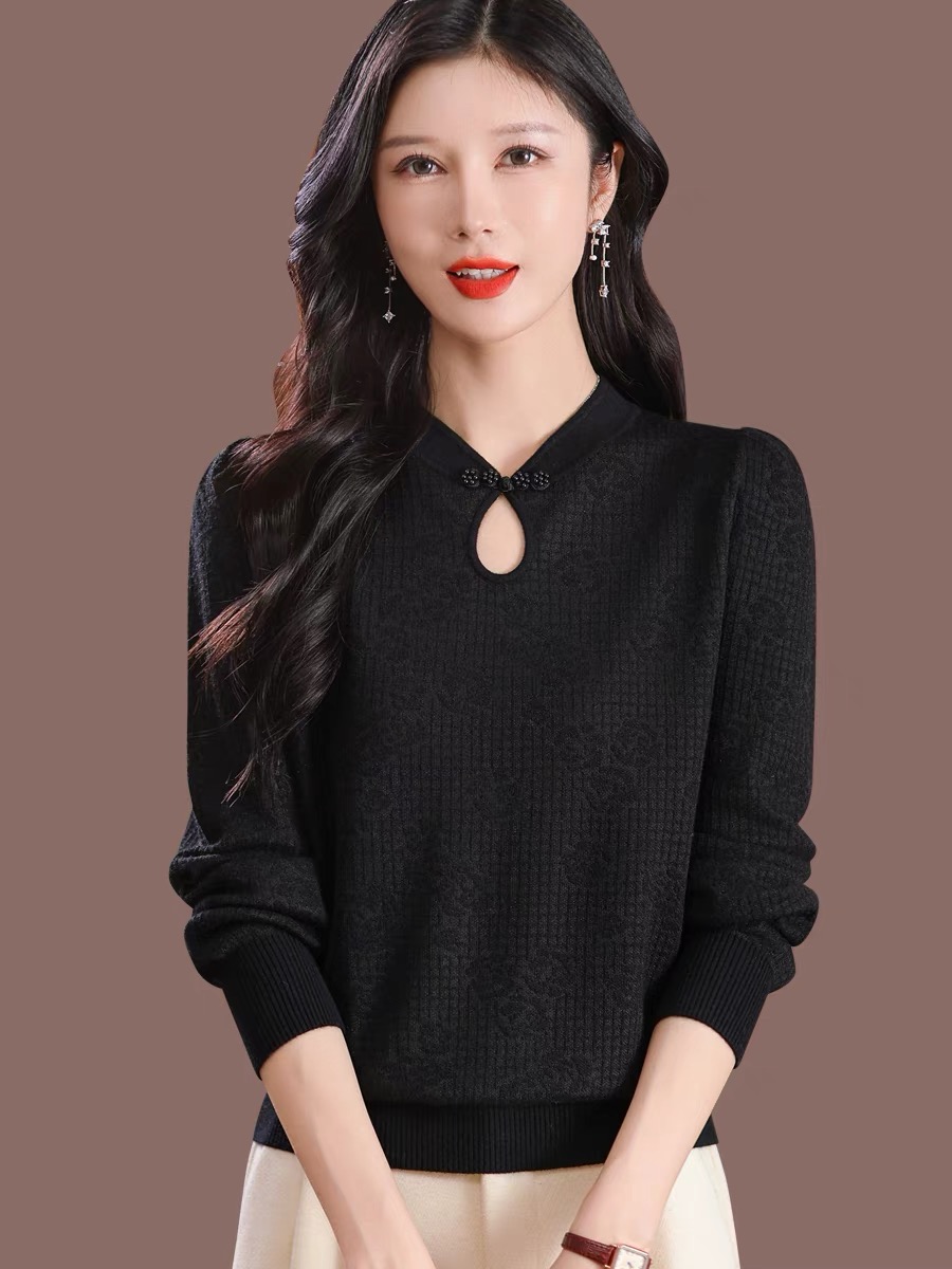 Cheongsam Collar Tikkun Long Sleeve Knit Bottom Shirt Loose Skinny Sweater